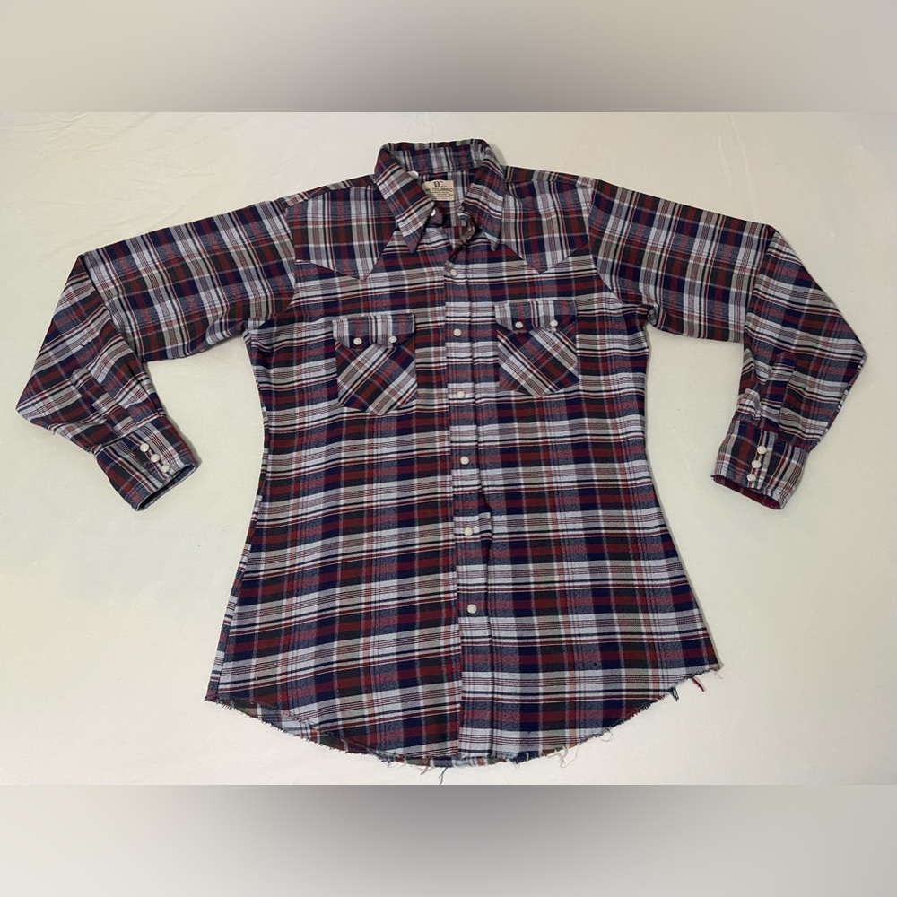 Dee Cee Vintage‎ 80s Red Blue Plaid Pearl Snap Western Raw Hem Shirt 15 1/2 - 35